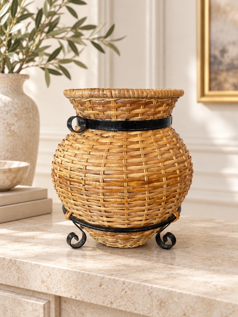Home Interiors Natural Rattan Basket with Black Metal Accents❤️11x12